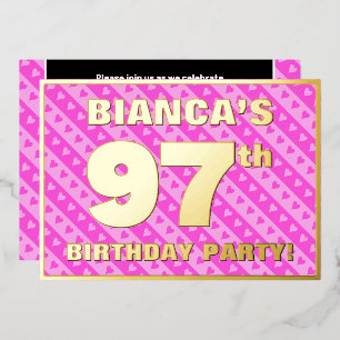 97e Birthday Party — Fun roze harten en stripes Folie Uitnodiging