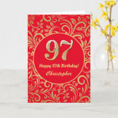 97e Birthday Red en Gold Floral Pattern Kaart (Gele Bloem)