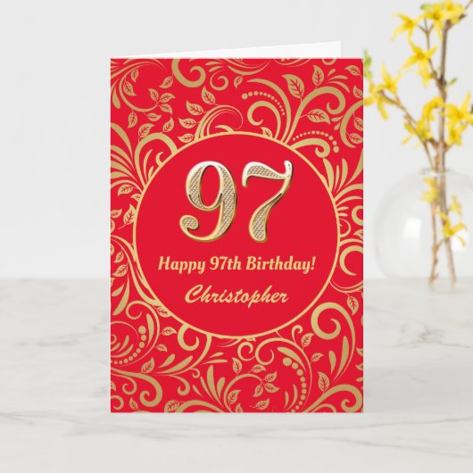 97e Birthday Red en Gold Floral Pattern Kaart (Gele Bloem)