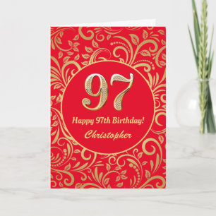 97e Birthday Red en Gold Floral Pattern Kaart