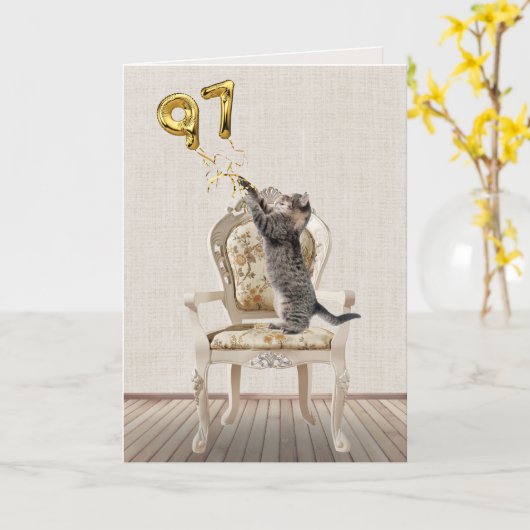 97e geboortedag ballonnen en kat van tabletten kaart (Gele Bloem)