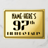 97e verjaardag: Art Deco Kijk "97" en naam Folie Uitnodiging (Voorkant)