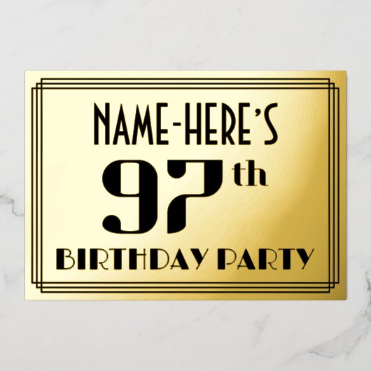 97e verjaardag: Art Deco Kijk "97" en naam Folie Uitnodiging (Voorkant)