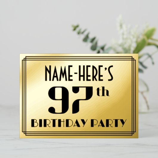 97e verjaardag: Art Deco Kijk "97" en naam Folie Uitnodiging (Staand Voorkant)