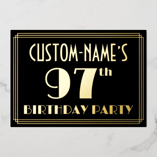 97e verjaardag: Art Deco Kijk "97", met naam Folie Uitnodiging (Voorkant)