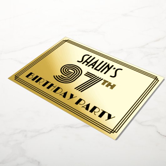97e verjaardag — Art Deco Style "97" en naam Folie Uitnodiging (Gedraaid)
