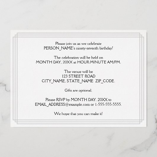 97e verjaardag — Art Deco Style "97" en naam Folie Uitnodiging (Achterkant)