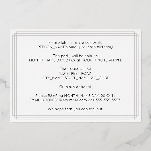 97e verjaardag — Art Deco Style "97" + Naam Folie Uitnodiging (Achterkant)