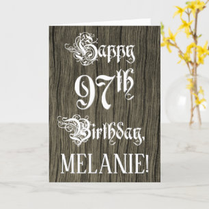 97e verjaardag: Fancy, elegante tekst; Faux Wood K Kaart