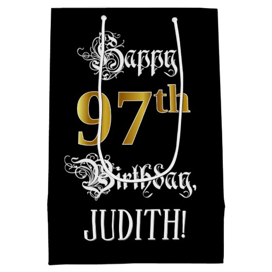 97e verjaardag ~ Fancy script; Faux Gold look; naa Medium Cadeauzakje (Achterkant)