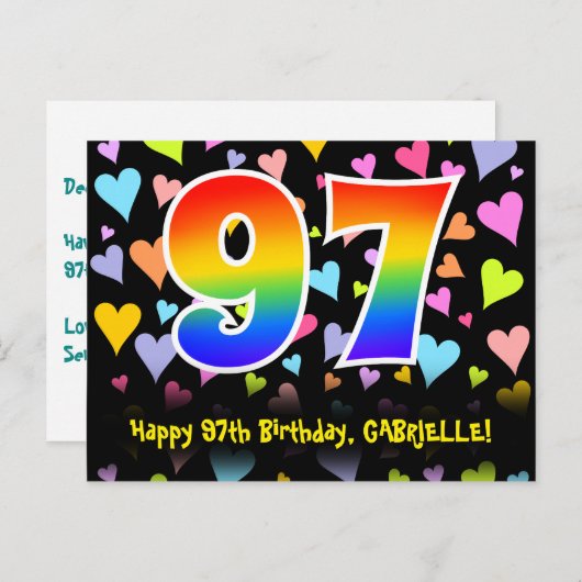 97e verjaardag: Fun Hearts Pattern, Rainbow 97 Briefkaart (Voorkant / Achterkant)