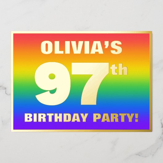 97e verjaardag: Fun, kleurrijk regenboogpatroon Folie Uitnodiging (Voorkant)