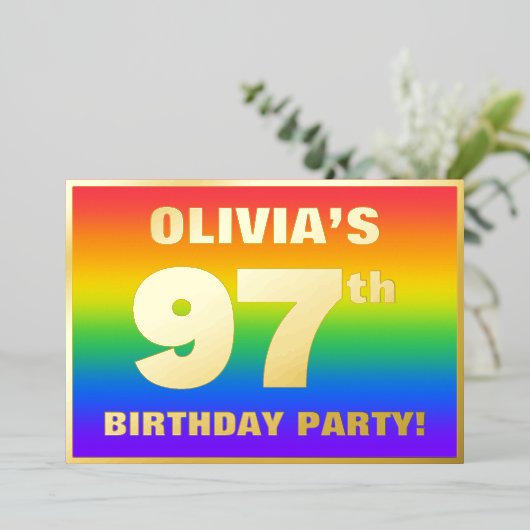 97e verjaardag: Fun, kleurrijk regenboogpatroon Folie Uitnodiging (Staand Voorkant)