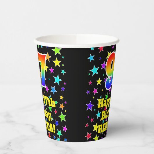 97e verjaardag: Fun Stars Pattern en Rainbow 97 Papieren Bekers (Links)