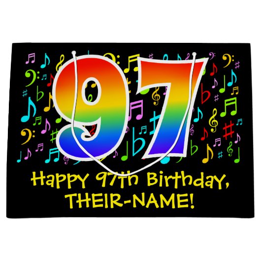 97e verjaardag - Kleurrijke muzieksymbolen, Rainbo Groot Cadeauzakje (Voorkant)