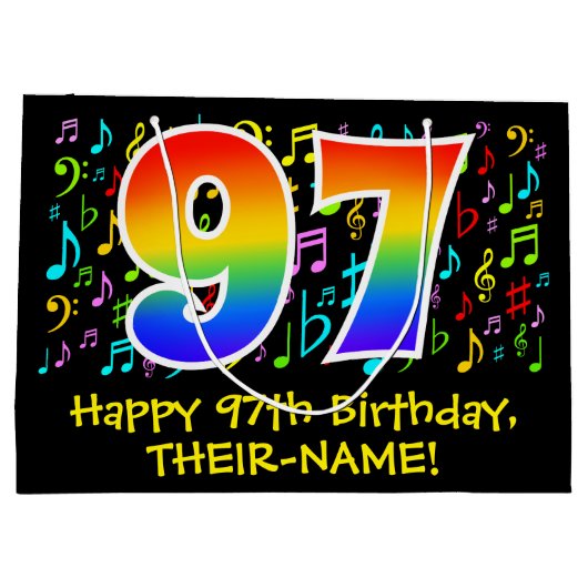 97e verjaardag - Kleurrijke muzieksymbolen, Rainbo Groot Cadeauzakje (Achterkant)