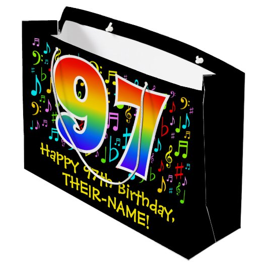97e verjaardag - Kleurrijke muzieksymbolen, Rainbo Groot Cadeauzakje (Achterkant Gekanteld)