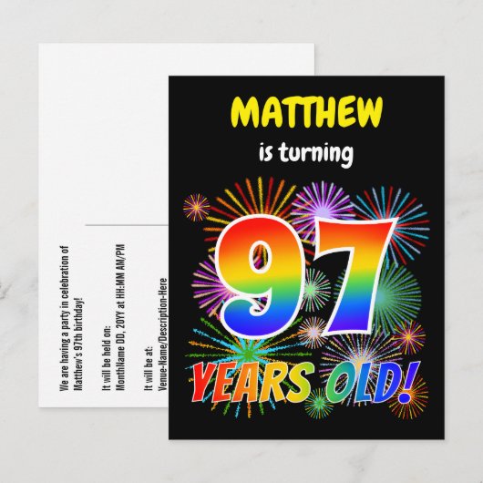 97e verjaardag - Leuk vuurwerk, regenbooglook "97" Briefkaart (Voorkant / Achterkant)