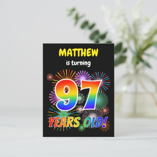 97e verjaardag - Leuk vuurwerk, regenbooglook "97" Briefkaart (Staand voorkant)