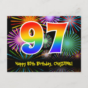 97e Verjaardag – Leuke Vuurwerk Patroon + Regenboo Briefkaart