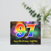 97e Verjaardag – Leuke Vuurwerk Patroon + Regenboo Briefkaart (Staand voorkant)