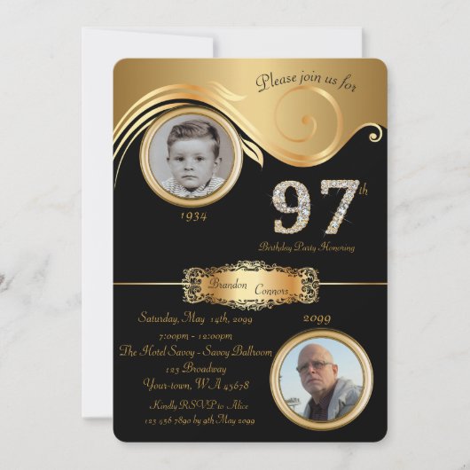 97e, Verjaardag Man 97e, elegant art deco, zwart Kaart (Voorkant)