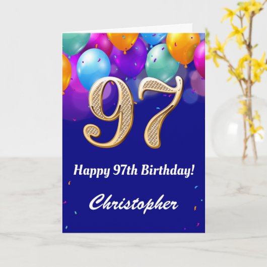 97e verjaardag marinesblauwe en goudkleurige ballo kaart (Gele Bloem)