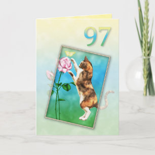 97e verjaardag met een speelse kat kaart
