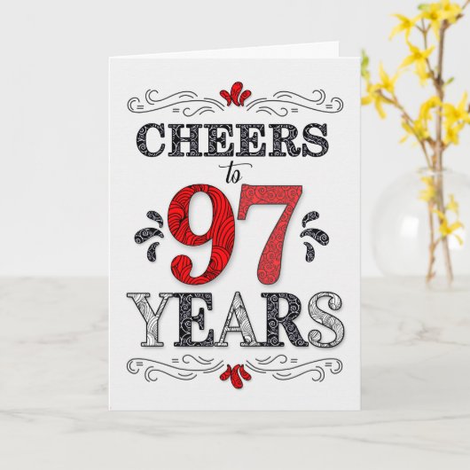 97e verjaardag Proost in rood wit zwart patroon Kaart (Gele Bloem)