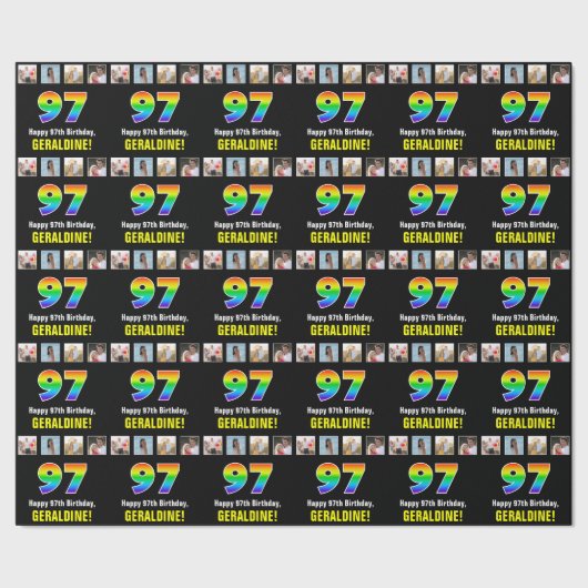 97e verjaardag: Regenboog "97"; Aangepaste foto's Cadeaupapier (Zoom)
