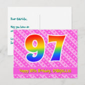 97e verjaardag: Roze strepen & harten, Regenboog 9 Briefkaart (Voorkant / Achterkant)