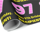 97e verjaardag: Roze strips en hart "97" + Naam Cadeaupapier (Rol Hoek)