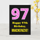 97e verjaardag: Roze strips en hart "97" + Naam Kaart (Gele Bloem)