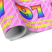 97e verjaardag: roze strips & harten, regenboognr. cadeaupapier (Rol Hoek)