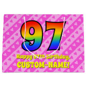 97e verjaardag: roze strips & harten, regenboognr. groot cadeauzakje (Voorkant)