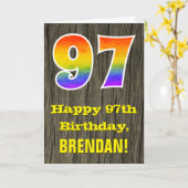 97e verjaardag: Rustieke Faux Wood Look, Regenboog Kaart (Gele Bloem)