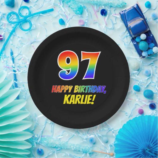 97e verjaardag: Vet, Vun, Eenvoudig, Regenboog 97 Papieren Bordje (Feest)