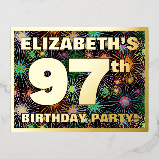 97e verjaardag: Vette, kleurrijke Fireworks-look Folie Uitnodiging Briefkaart (Voorkant)