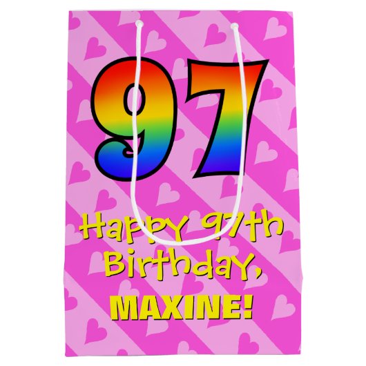 97e verjaardag: vuurroze hartstrepen; regenboog 97 medium cadeauzakje (Achterkant)