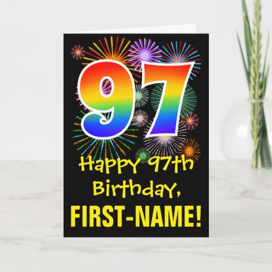 97e verjaardag: Vuurwerk Fun Pattern + Regenboog 9 Kaart (Voorkant)