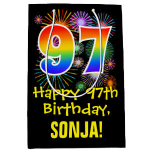 97e verjaardag: Vuurwerk Fun Pattern + Regenboog 9 Medium Cadeauzakje