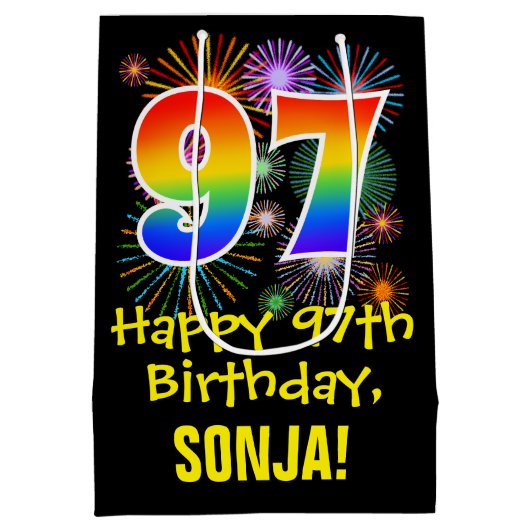 97e verjaardag: Vuurwerk Fun Pattern + Regenboog 9 Medium Cadeauzakje (Achterkant)