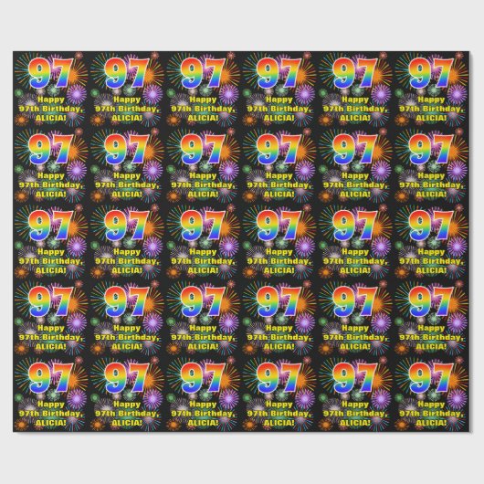 97e verjaardag: vuurwerk, regenboogblik # "97" cadeaupapier (Vlak)