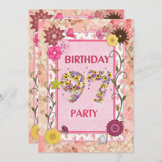 97e verjaardagsfeest met bloemenfeest lijst kaart (Voorkant / Achterkant)