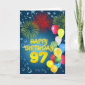 97e verjaardagskaart met vuurwerk en ballonnen kaart (Voorkant)