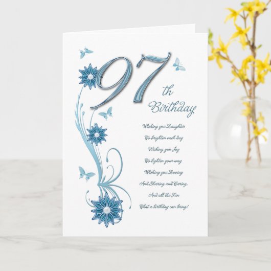 97ste verjaardag in blauwgroen met bloemen en vlin kaart (Gele Bloem)