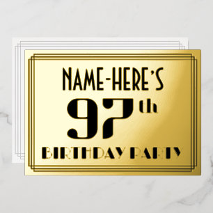 97ste verjaardagsfeest: Art Deco-look “97” en naam Folie Uitnodiging