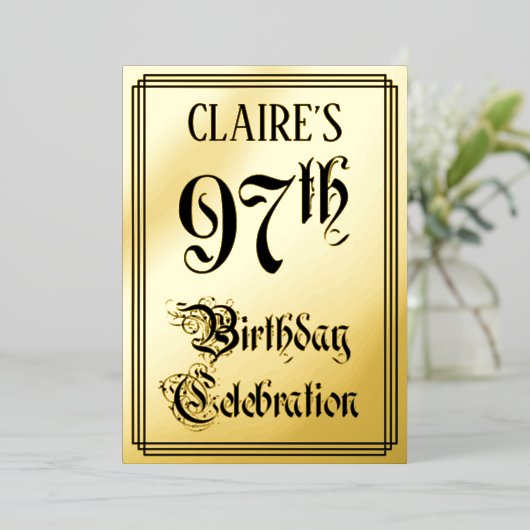 97ste verjaardagsfeest — Elegant script + aangepas Folie Uitnodiging (Staand Voorkant)