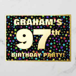 97ste verjaardagsfeest — Leuke, kleurrijke sterren Folie Uitnodiging