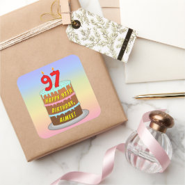 97th Birthday: Fun Cake and Candles + Custom Name Vierkante Sticker